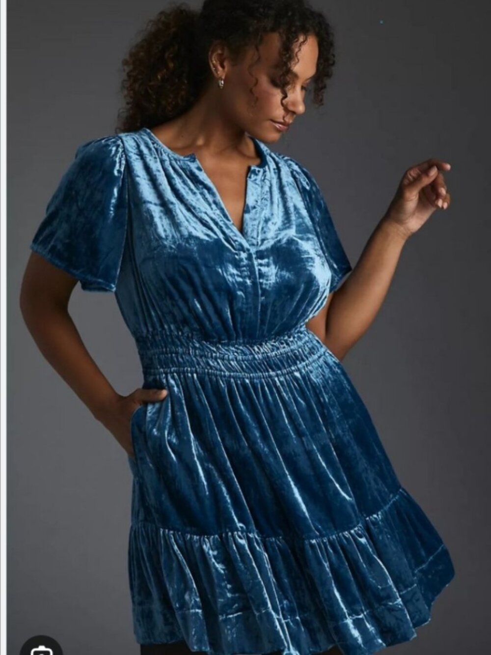Anthropologie Somerset Mini Dress Tiered Blue Velvet V-Neck Fairy Grunge Small - Picture 12 of 15